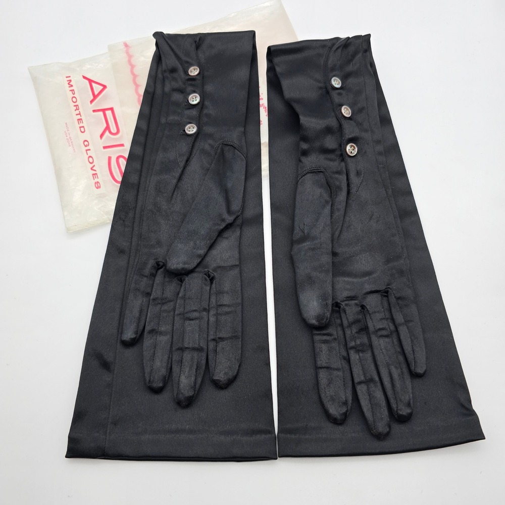 Vintage Aris Black Satin Opera Gloves Women Size 6.5 Long Evening Formal Button